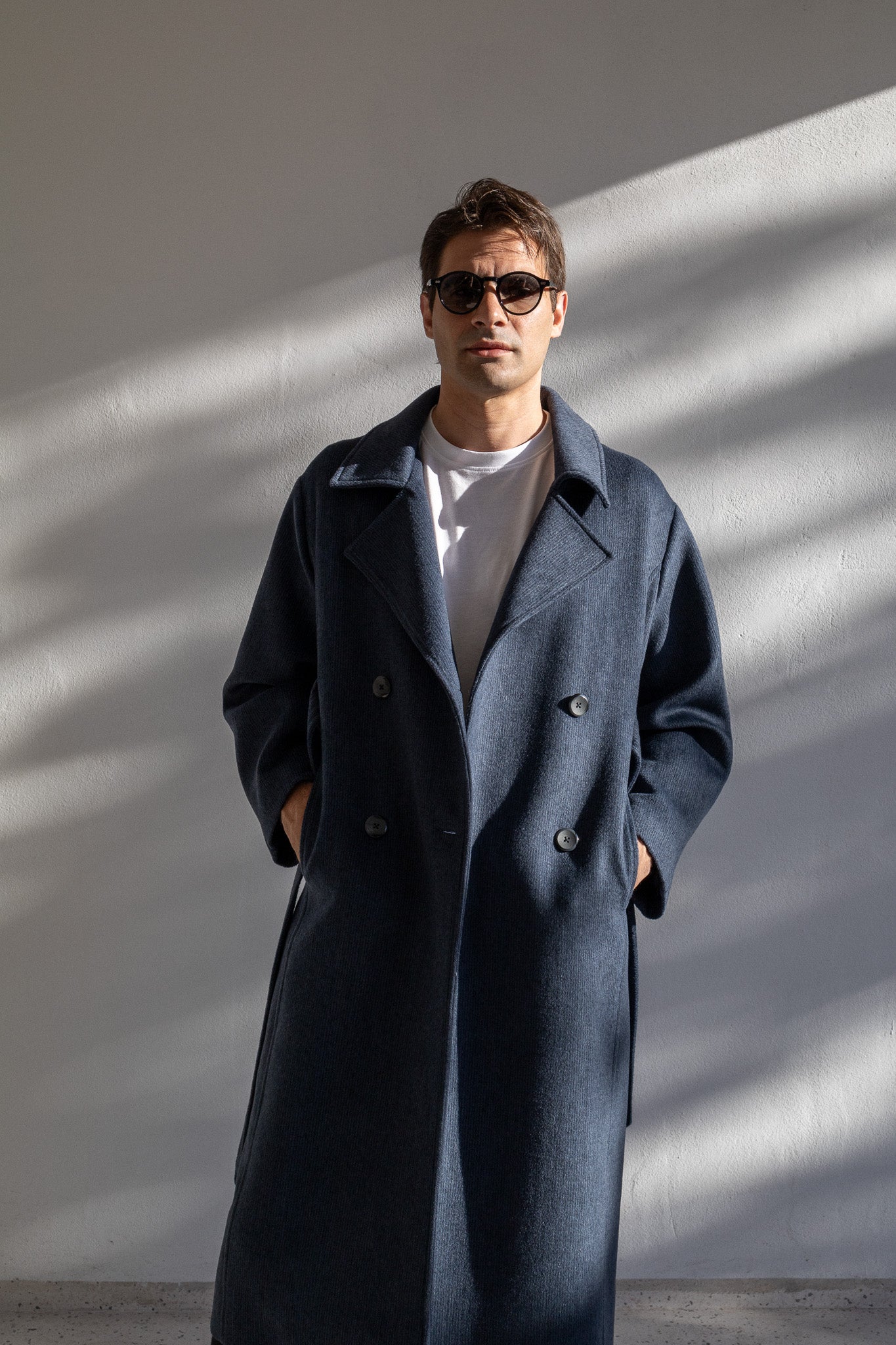 WOOL TRENCH COAT | BLUE WITH STRIPES