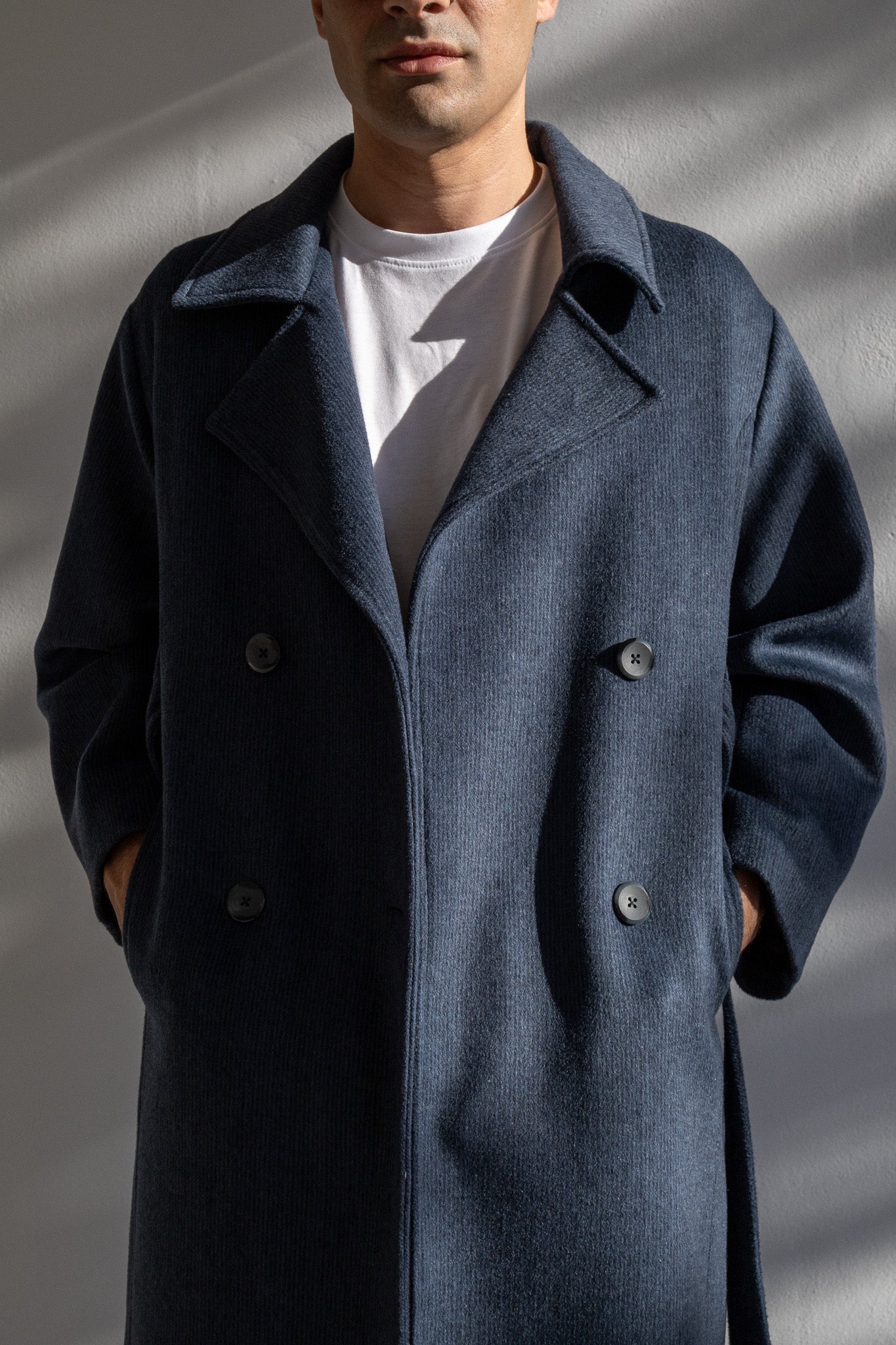WOOL TRENCH COAT | BLUE WITH STRIPES