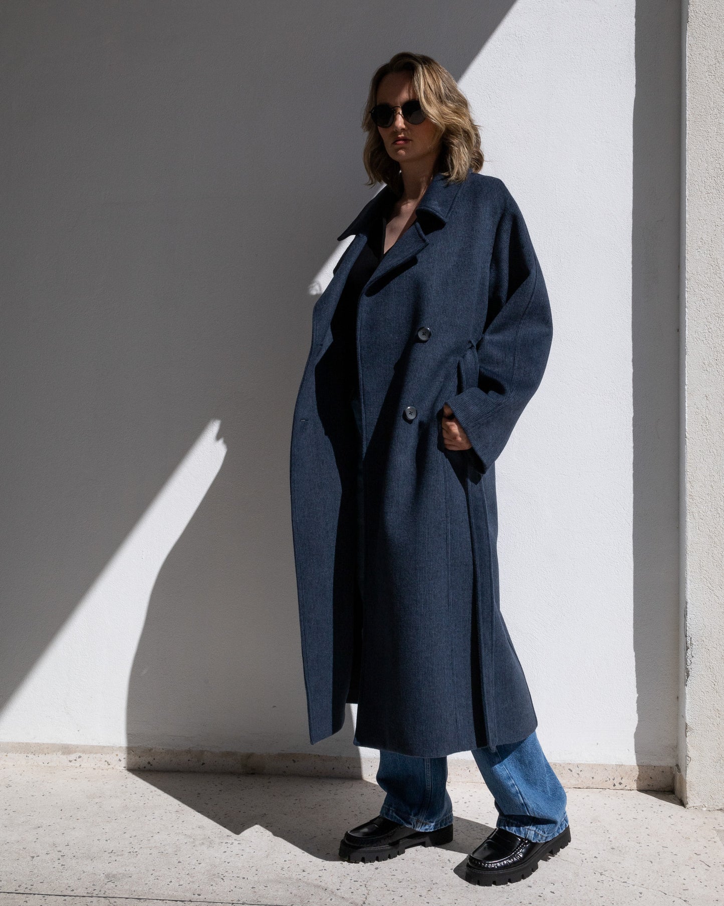 WOOL TRENCH COAT | BLUE WITH STRIPES